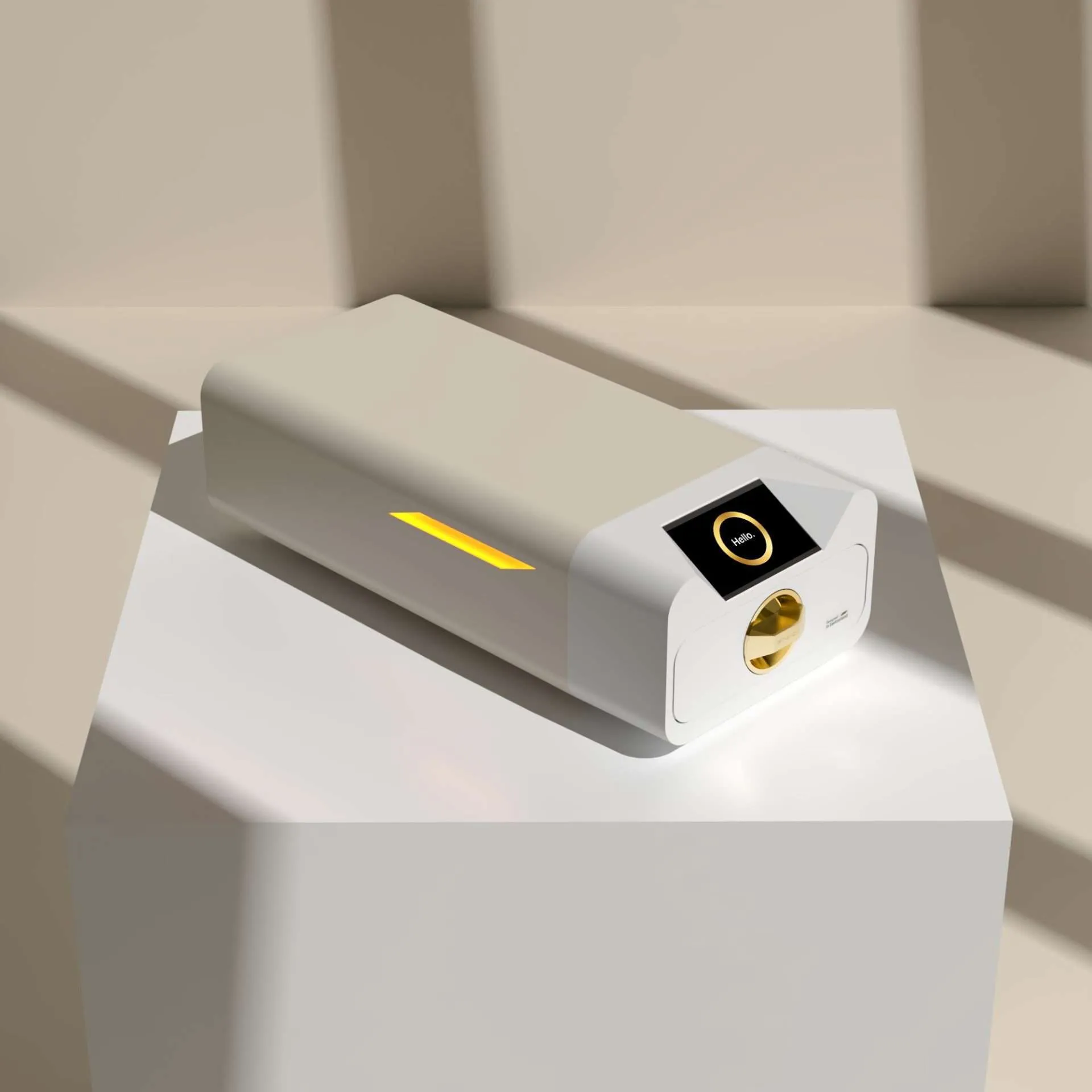 Enbio S Beauty Edition autoclave on a salon countertop — Class B sterilizer with gold accents